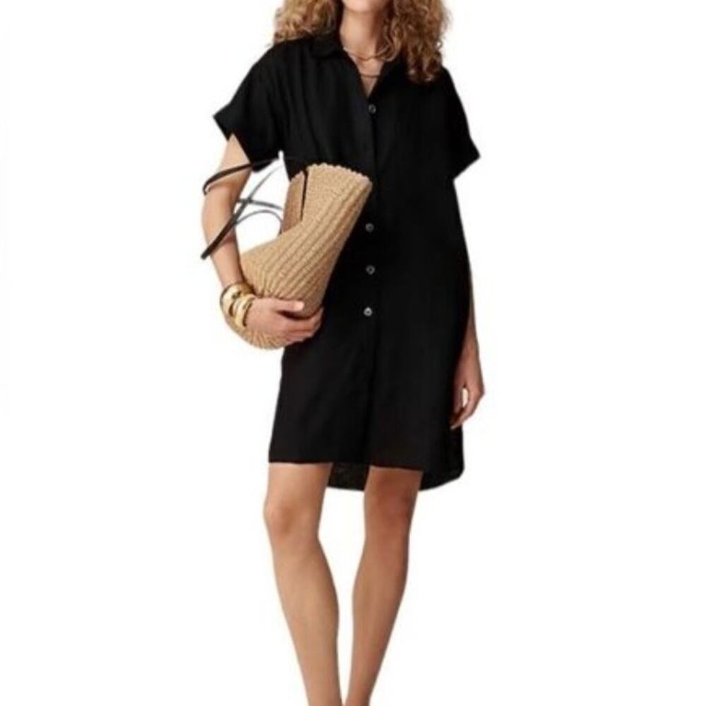J Crew Captaine Linen Mini Shirt Dress Black Relaxed Belted Button Down Small